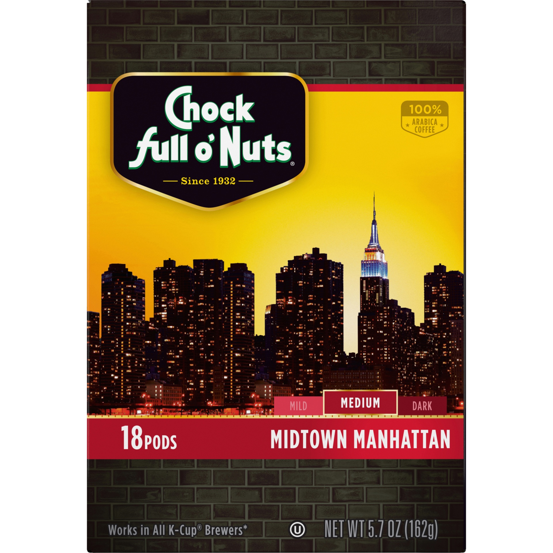 slide 5 of 7, Chock Full O' Nuts Midtown Manhattan Medium Roast Coffee - Single Serve Pods, 18 ct