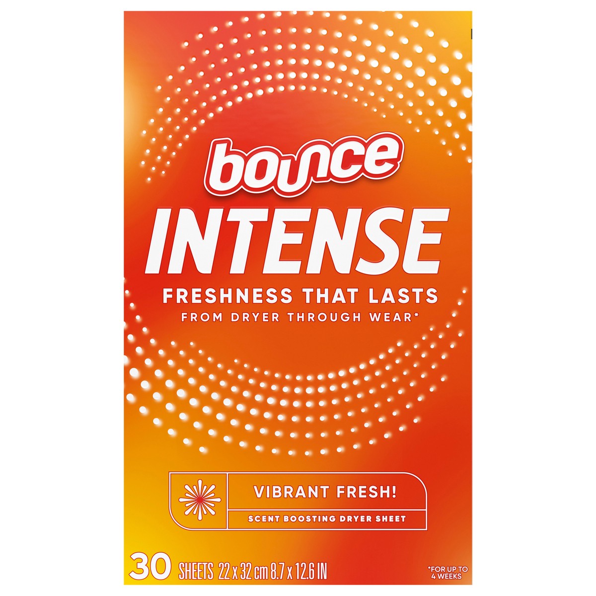 slide 1 of 8, Bounce Intense Dryer Sheets, Vibrant Fresh, 30 Count, Scent Boosting Dryer Sheet, 30 ct