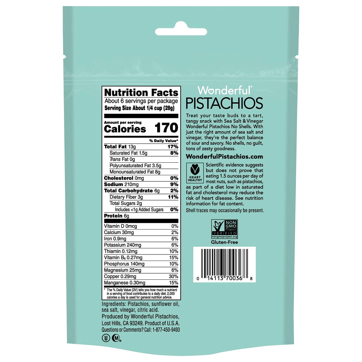slide 2 of 2, Wonderful Pistachios, No Shells Sea Salt & Vinegar Nuts, 5.5 Ounce Bag, 5.5 oz