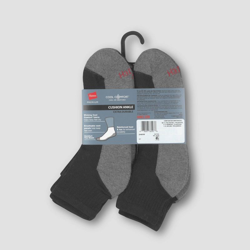 slide 4 of 4, Hanes Premium Men's Cool Comfort Ankle Socks 10pk - Black 6-12: Cushioned Sole, Reinforced Heel & Toe, 10 ct