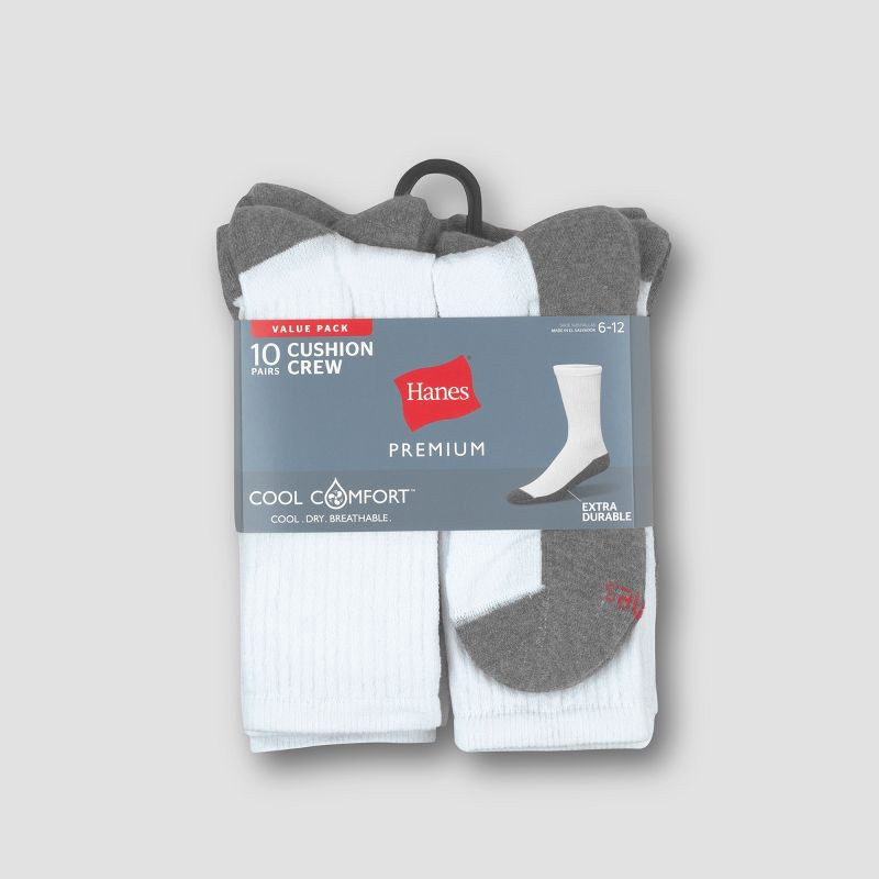 slide 3 of 3, Hanes Premium Men's Crew Socks 10pk - White 12-14: Cushioned Sole, Reinforced Heel & Toe, Breathable Fabric, 10 ct