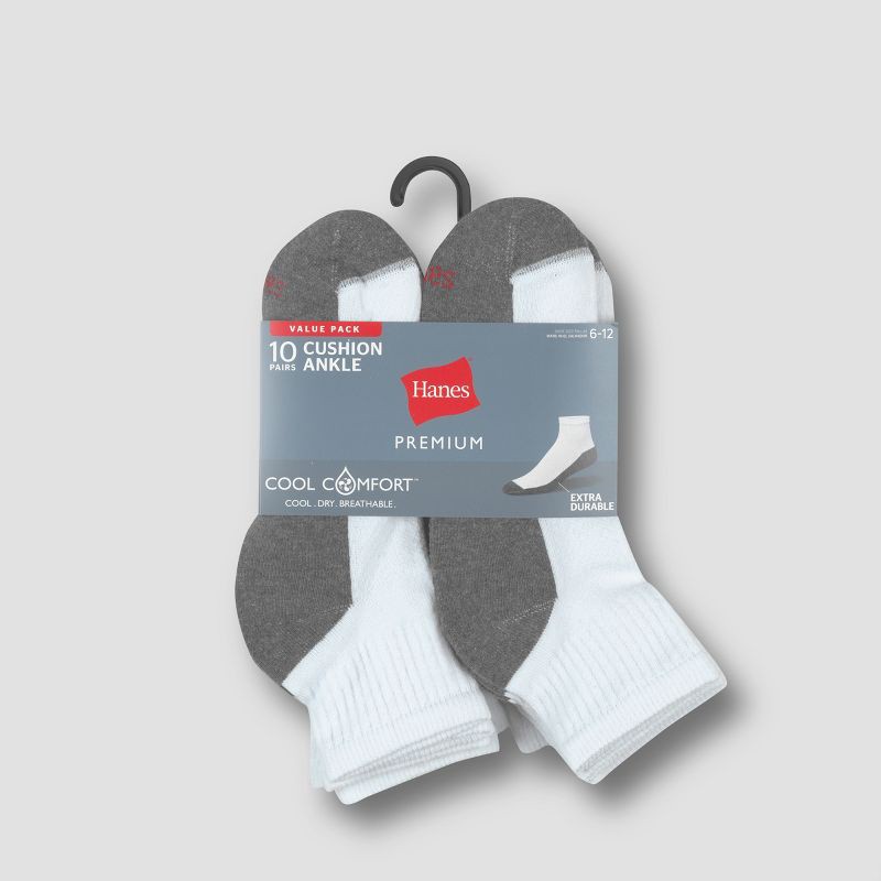 slide 3 of 4, Hanes Premium Men's Cool Comfort Ankle Socks 10pk - White 6-12: Cushioned Sole, Reinforced Heel & Toe, 10 ct