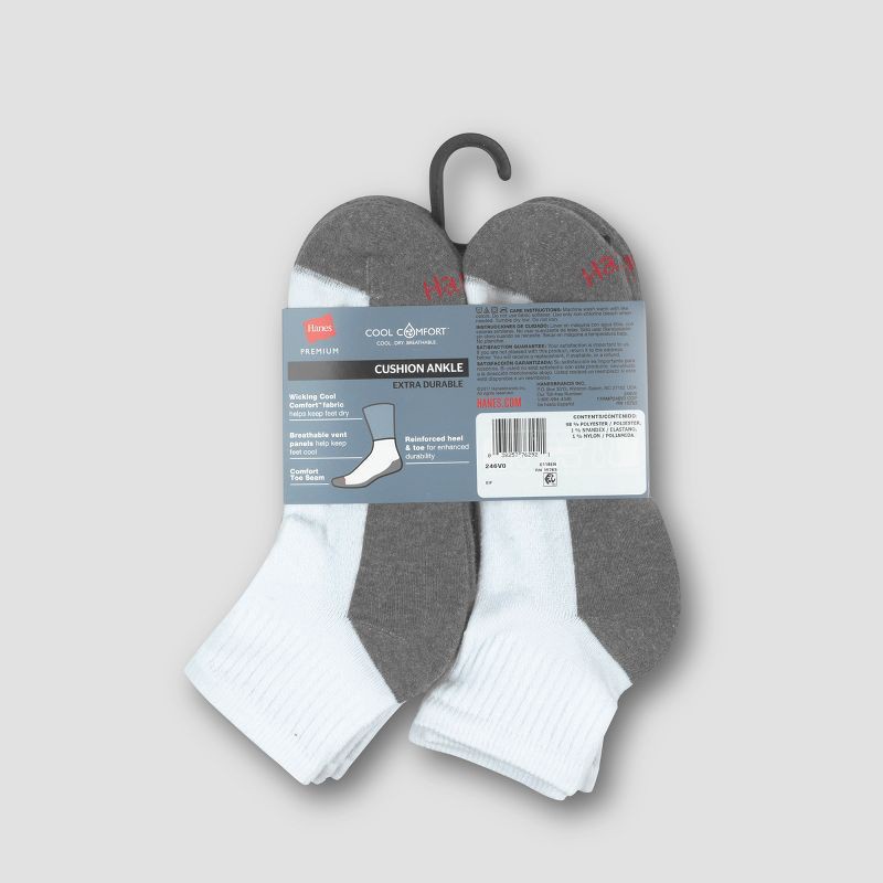 slide 4 of 4, Hanes Premium Men's Cool Comfort Ankle Socks 10pk - White 6-12: Cushioned Sole, Reinforced Heel & Toe, 10 ct