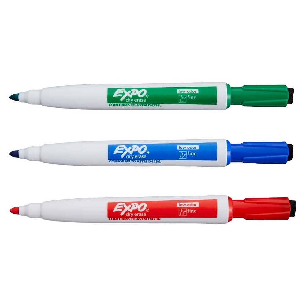 slide 3 of 5, Expo Dry Erase Markers Magnetic & Eraser Fine Tip Multicolored, 3 ct