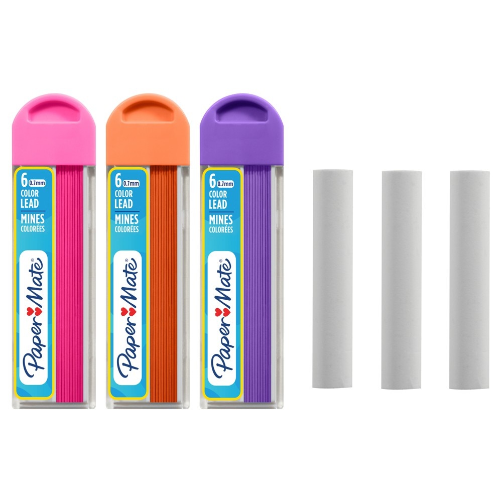 slide 2 of 10, Paper Mate Colored Lead & Eraser Refills,.7mm - Pink/Orange/Purple, 3 ct