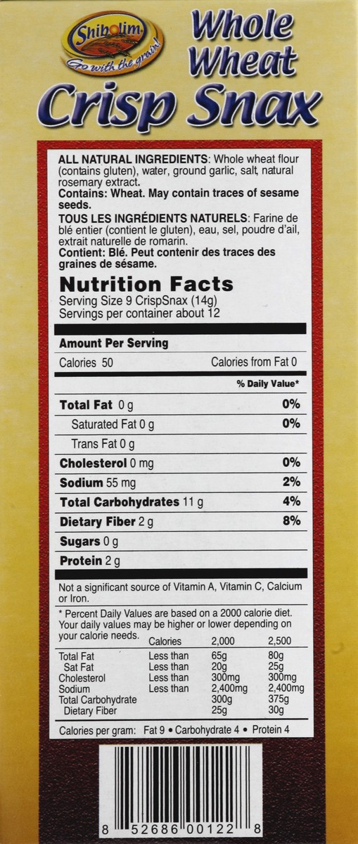 slide 4 of 4, Shibolim Whole Wheat Crisp Snax Garlic Fat Free And Sugar Free, 6 oz