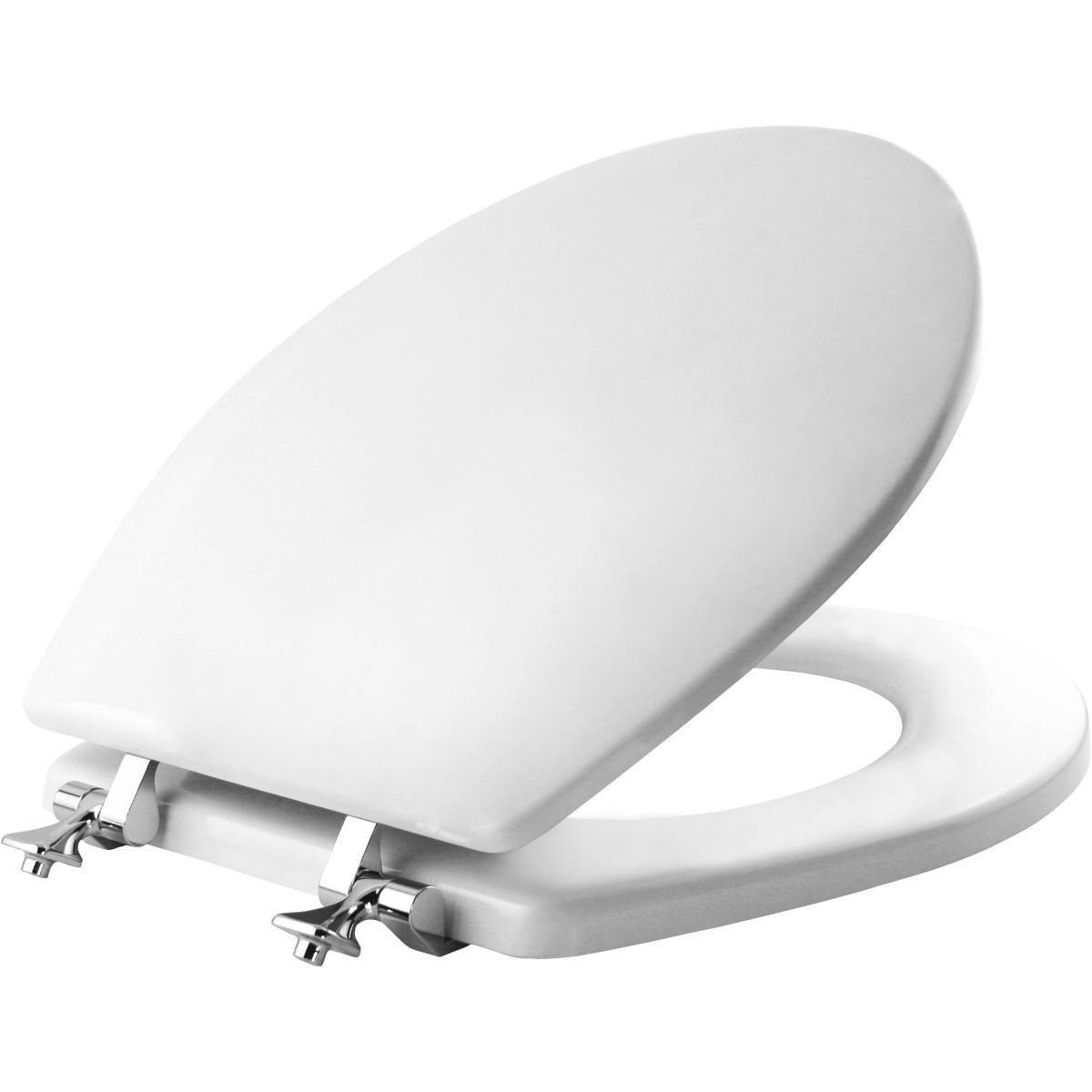 slide 1 of 3, Edgewater Never Loosens Round Enameled Wood Toilet Seat with Chrome Hinge White - Mayfair by Bemis, 1 ct