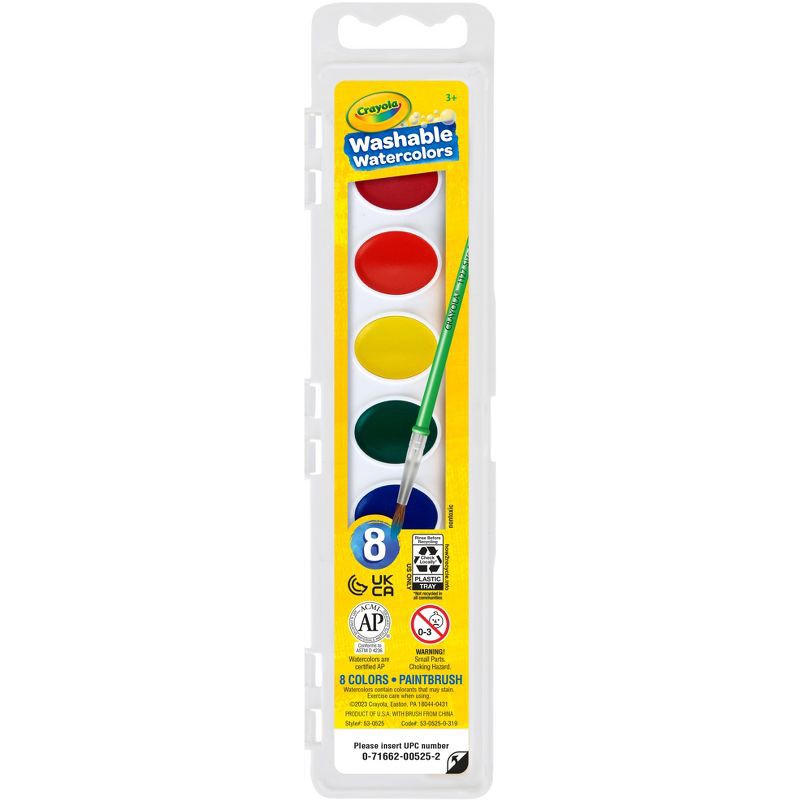 slide 1 of 5, Crayola 8ct Kids Watercolor Paints with Brush: Washable Water-Based Tempera Set, Multicolor, Ages 3+, 8 ct