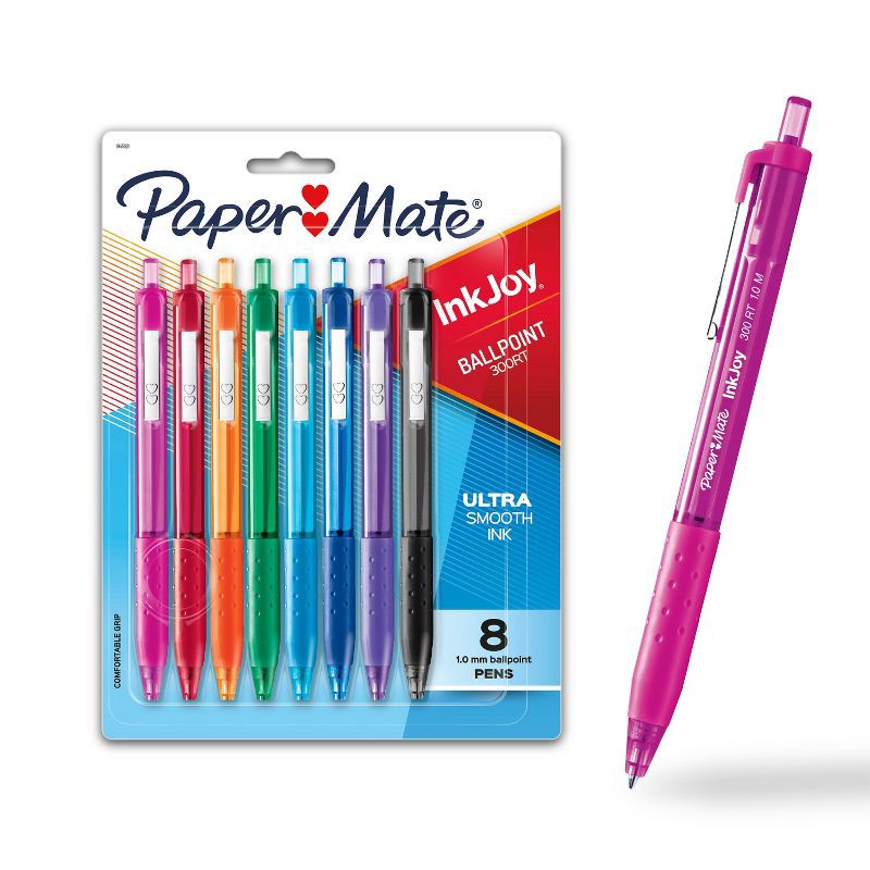 slide 1 of 8, Paper Mate Ink Joy 300RT 8pk Ballpoint Pens 1.0mm Multicolored: Retractable, Quick Drying, Rubber Grip, Colorful Ink, 8 ct; 1 mm