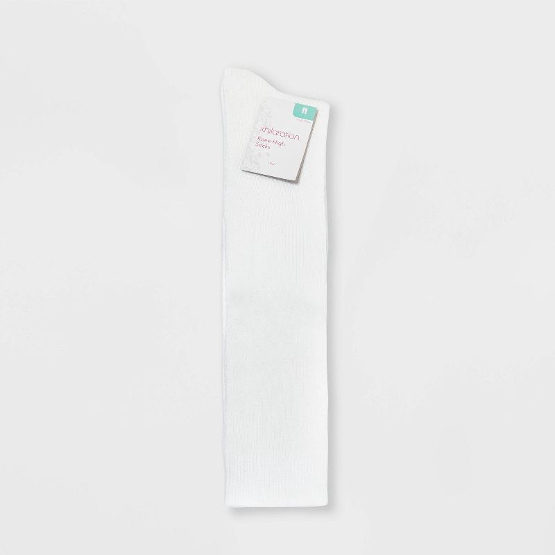 slide 2 of 2, Women's Solid Knee High Socks - White 4-10: Recycled Polyester, Midweight Jacquard Knit, Banded Cuff, Machine Washable, 1 ct