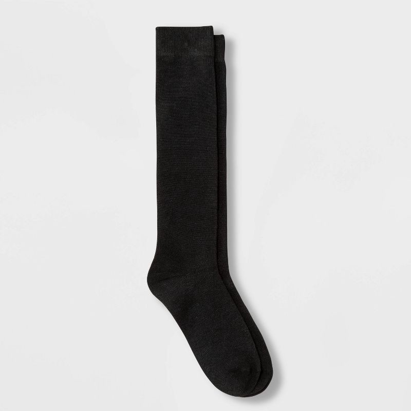 slide 1 of 2, Women's Solid Knee High Socks - Black 4-10: Recycled Polyester, Midweight Jacquard Knit, Banded Cuff, Machine Washable, 1 ct