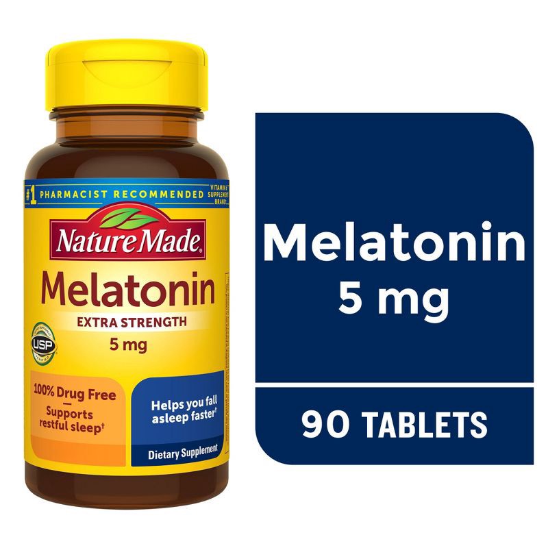 slide 3 of 8, Nature Made Melatonin 5mg 100% Drug Free Sleep Aid for Adults Tablets - 90ct, 90 ct; 5 mg