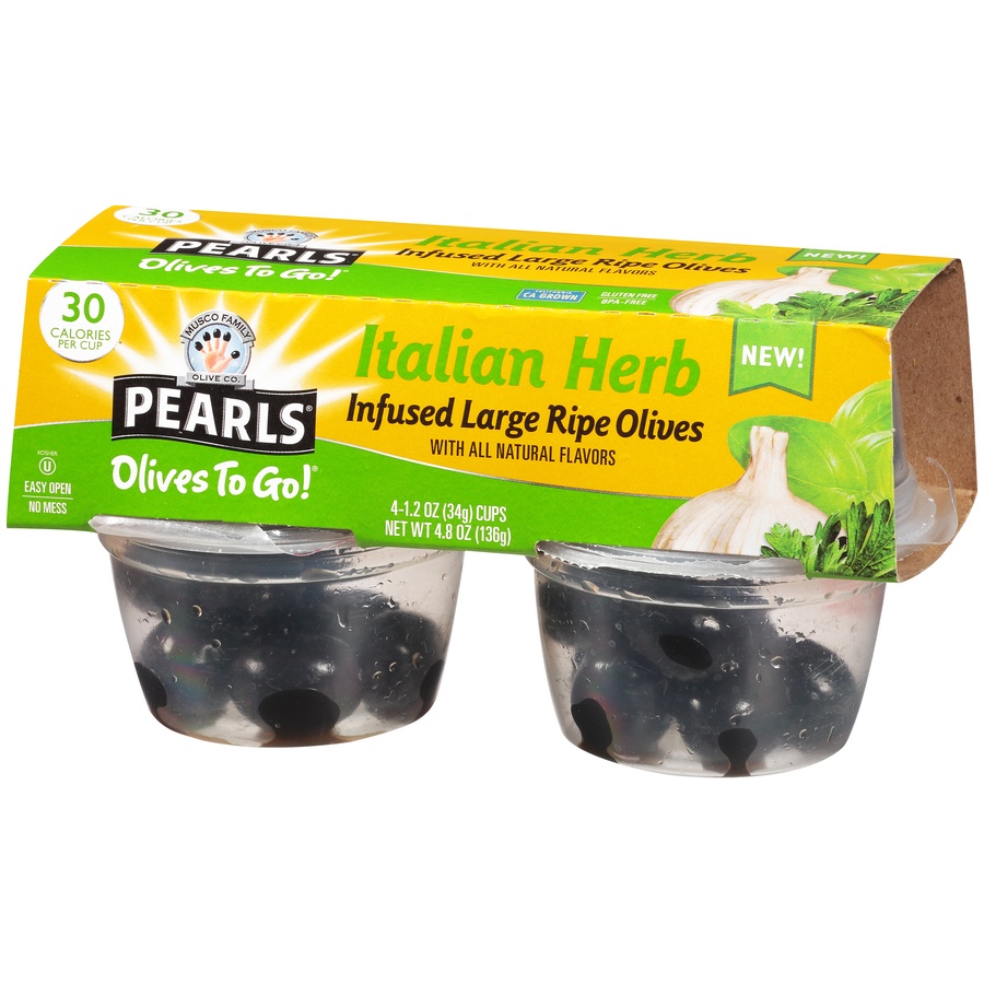 slide 2 of 8, Pearls Olives To Go! Italian Herb Infused Large Ripe Olives, 4.8 oz