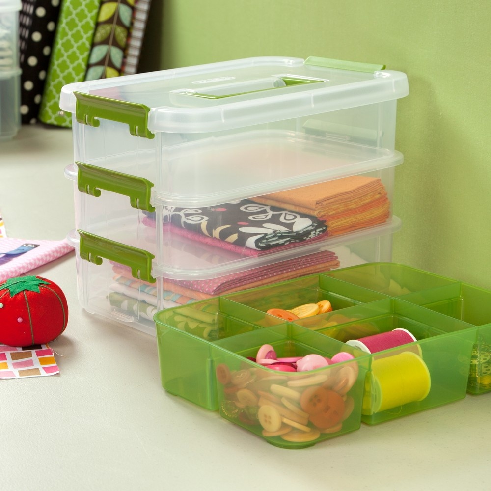 slide 2 of 3, Sterilite 3 Stack & Carry Tray Organizer Storage Tote - Clear with Green Latch, 1 ct