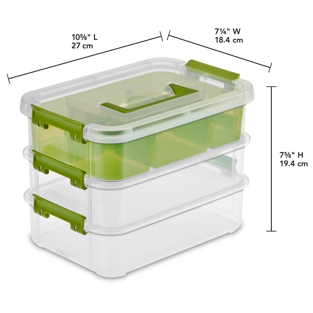 slide 3 of 3, Sterilite 3 Stack & Carry Tray Organizer Storage Tote - Clear with Green Latch, 1 ct