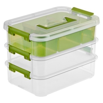 slide 1 of 3, Sterilite 3 Stack & Carry Tray Organizer Storage Tote - Clear with Green Latch, 1 ct