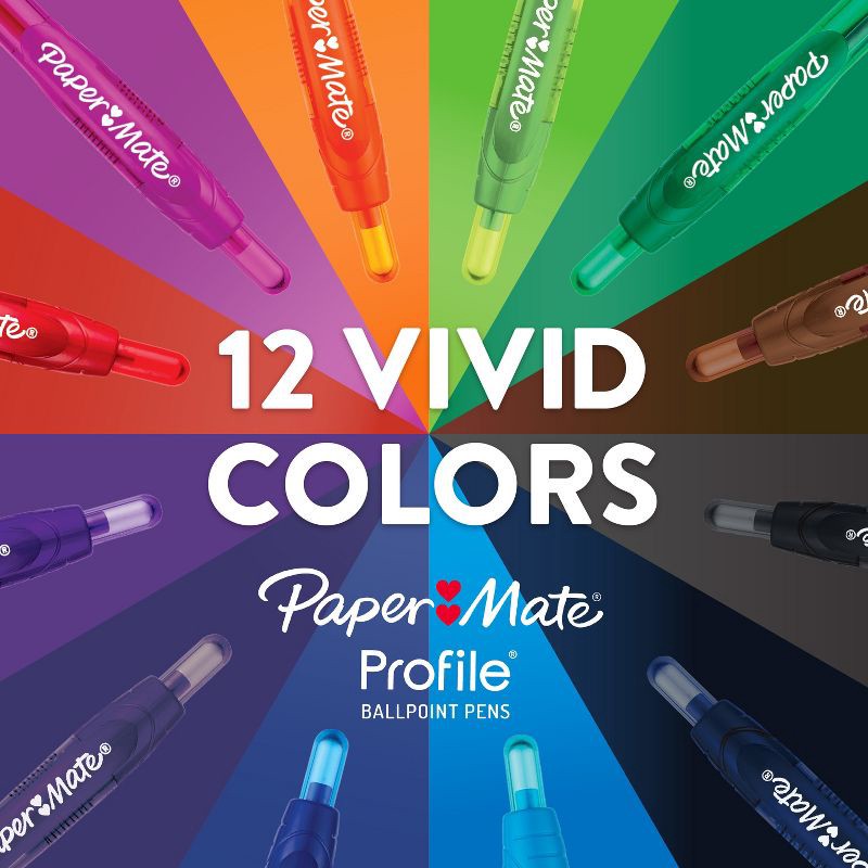 slide 3 of 8, Paper Mate Profile 8pk Ballpoint Pens 1.4mm Bold Tip Multicolored: Colorful, Quick Drying, Retractable, Contoured Grip, 8 ct
