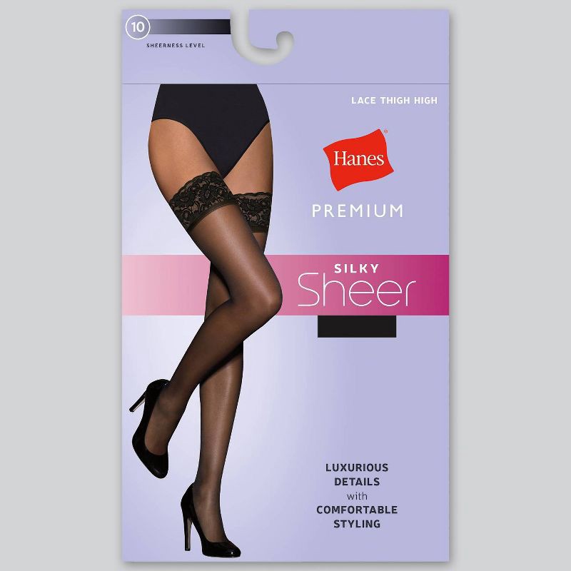 slide 2 of 3, Hanes Premium Women's Sheer Thigh Highs - Black S: Solid Knit Stockings, Elastic Leg Opening, Closed Toe, Nylon-Spandex Blend, 1 ct
