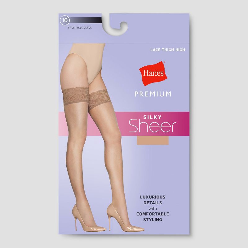 slide 2 of 3, Hanes Premium Women's Sheer Thigh Highs - Nude M: Elastic Leg Opening, Closed Toe, Knit Construction, 1 ct