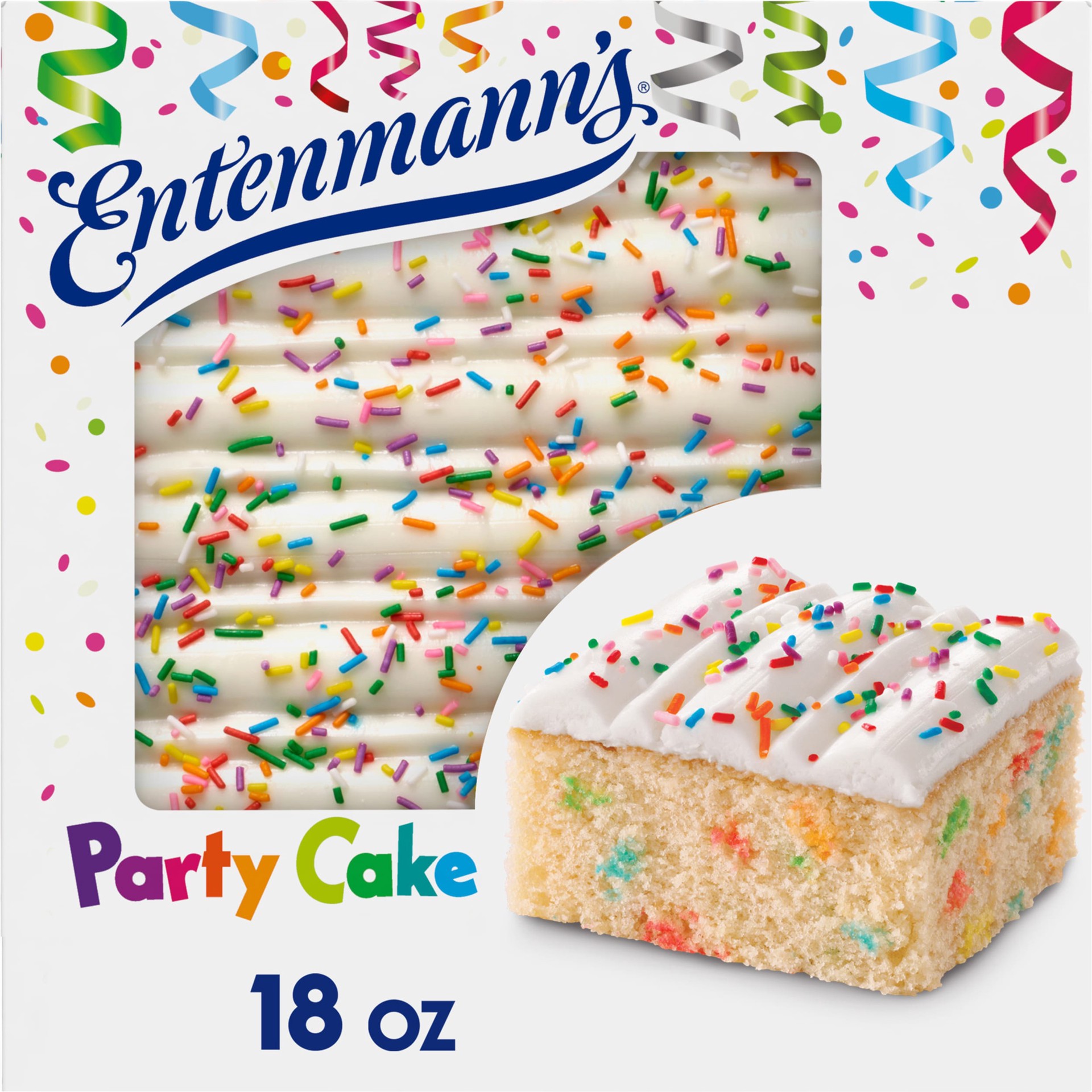 slide 1 of 5, Entenmann's Party Cake, 18 oz, Vanilla Iced Cake, Box, 18 oz