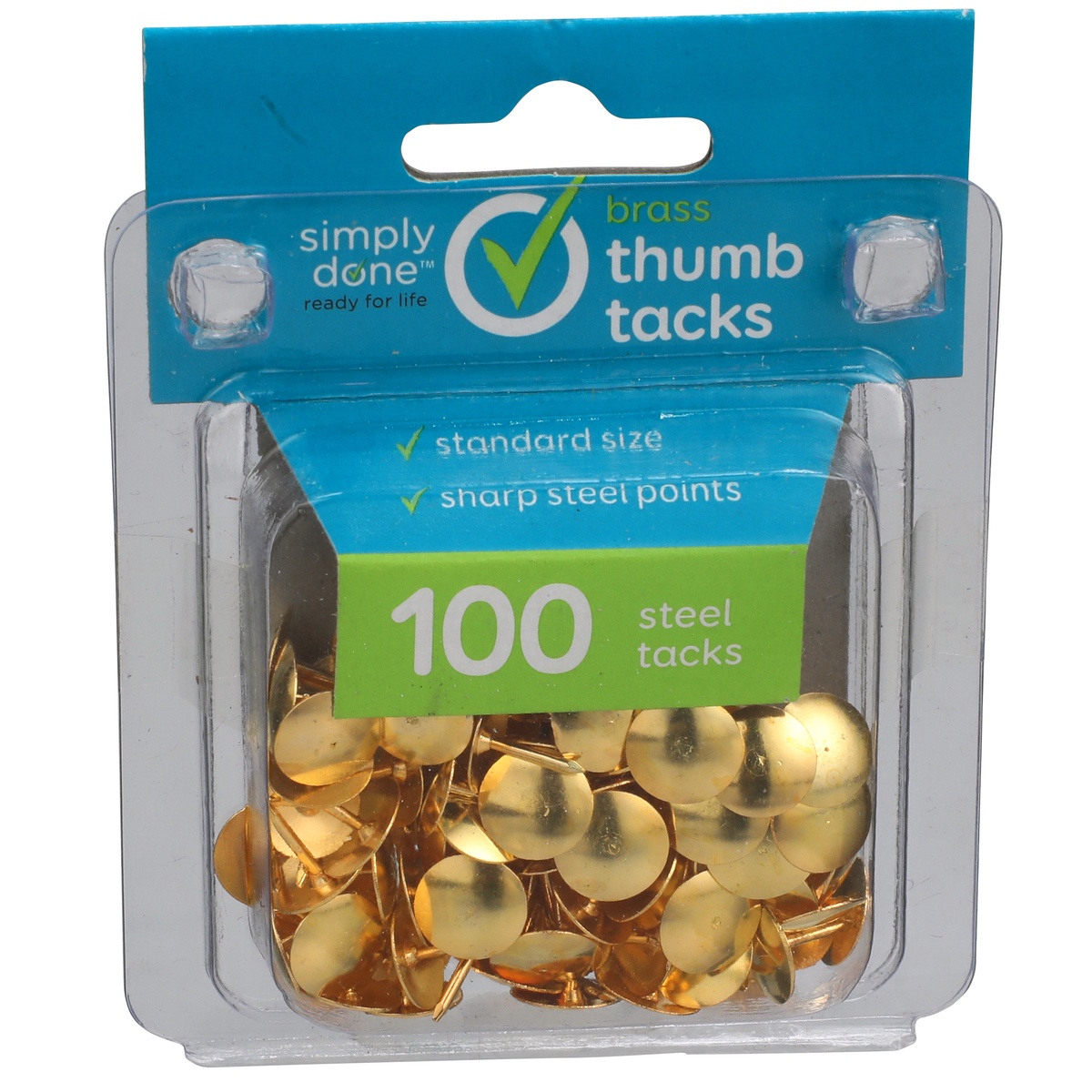 slide 1 of 1, Simply Done Thumb Tacks Brass, 100 ct