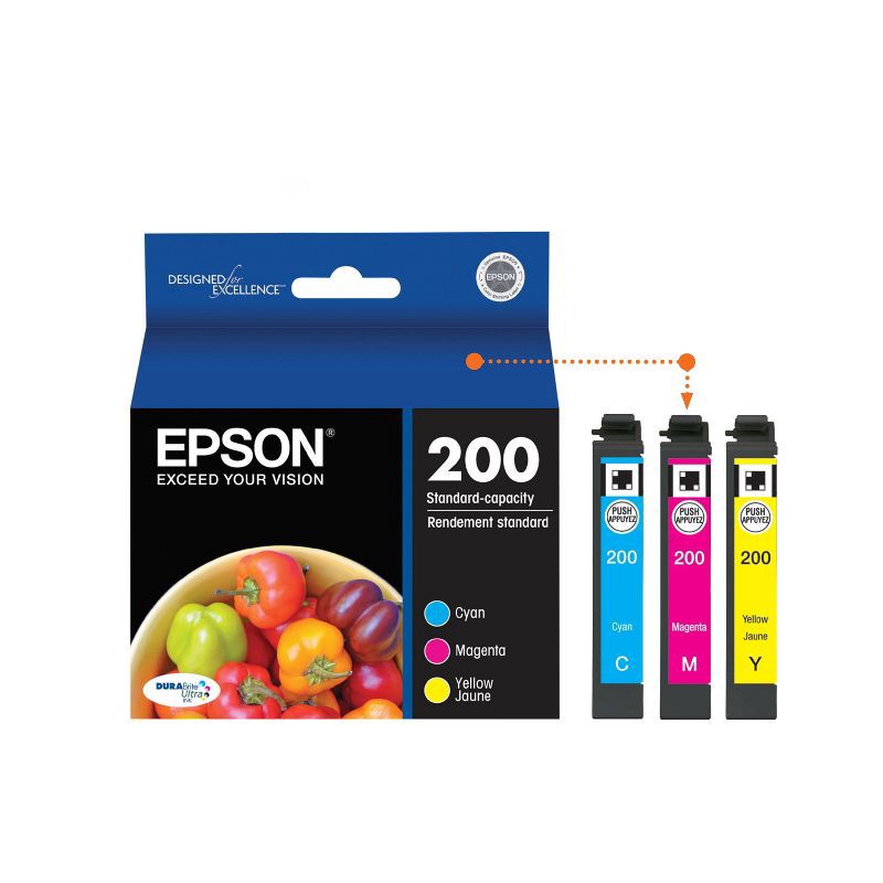 slide 2 of 7, Epson 200 C/M/Y 3pk Ink Cartridges - Cyan, Magenta, Yellow (T200520-CP), 3 ct