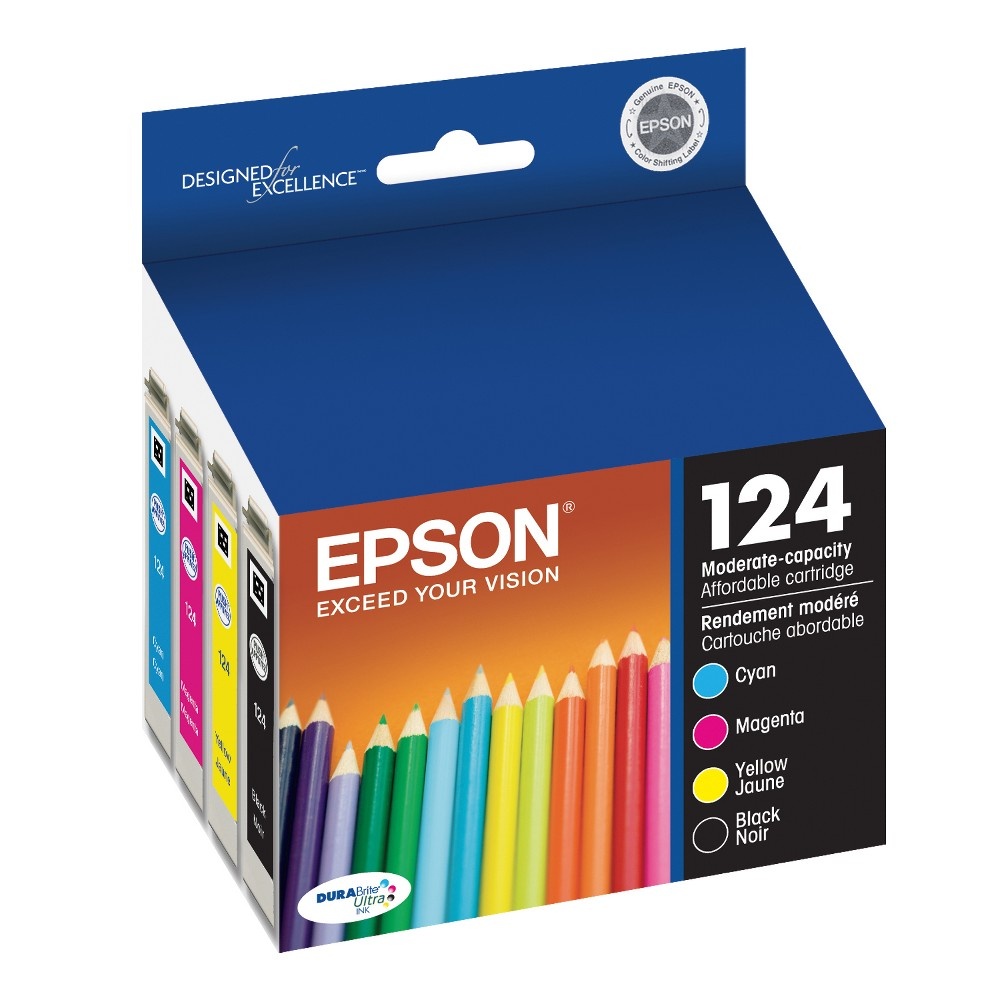 slide 2 of 3, Epson 124 Black, C/M/Y 4pk Combo Ink Cartridges - Black, Cyan,Magenta,Yellow (T124120BCS), 1 ct