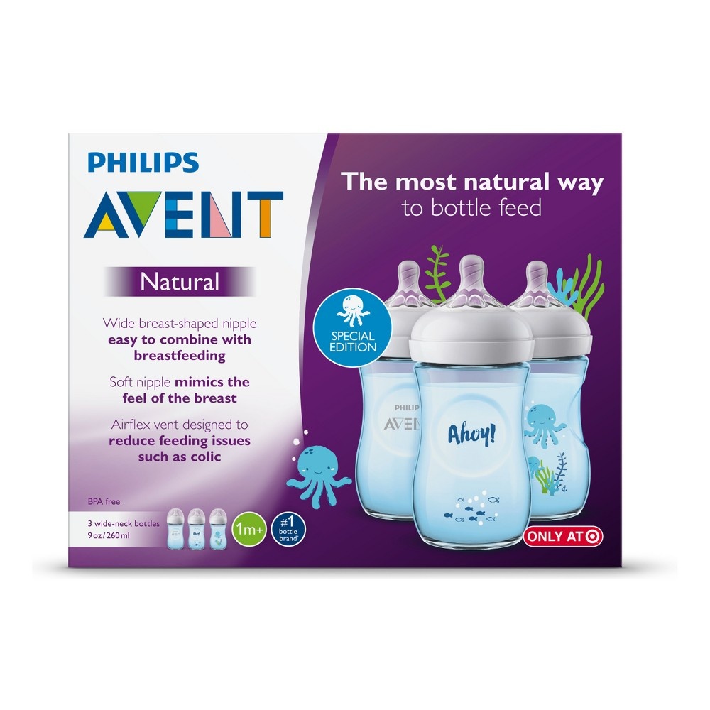 slide 8 of 11, Philips Avent Natural Baby Bottle with Blue Sea Design - Blue, 3 ct; 9 oz