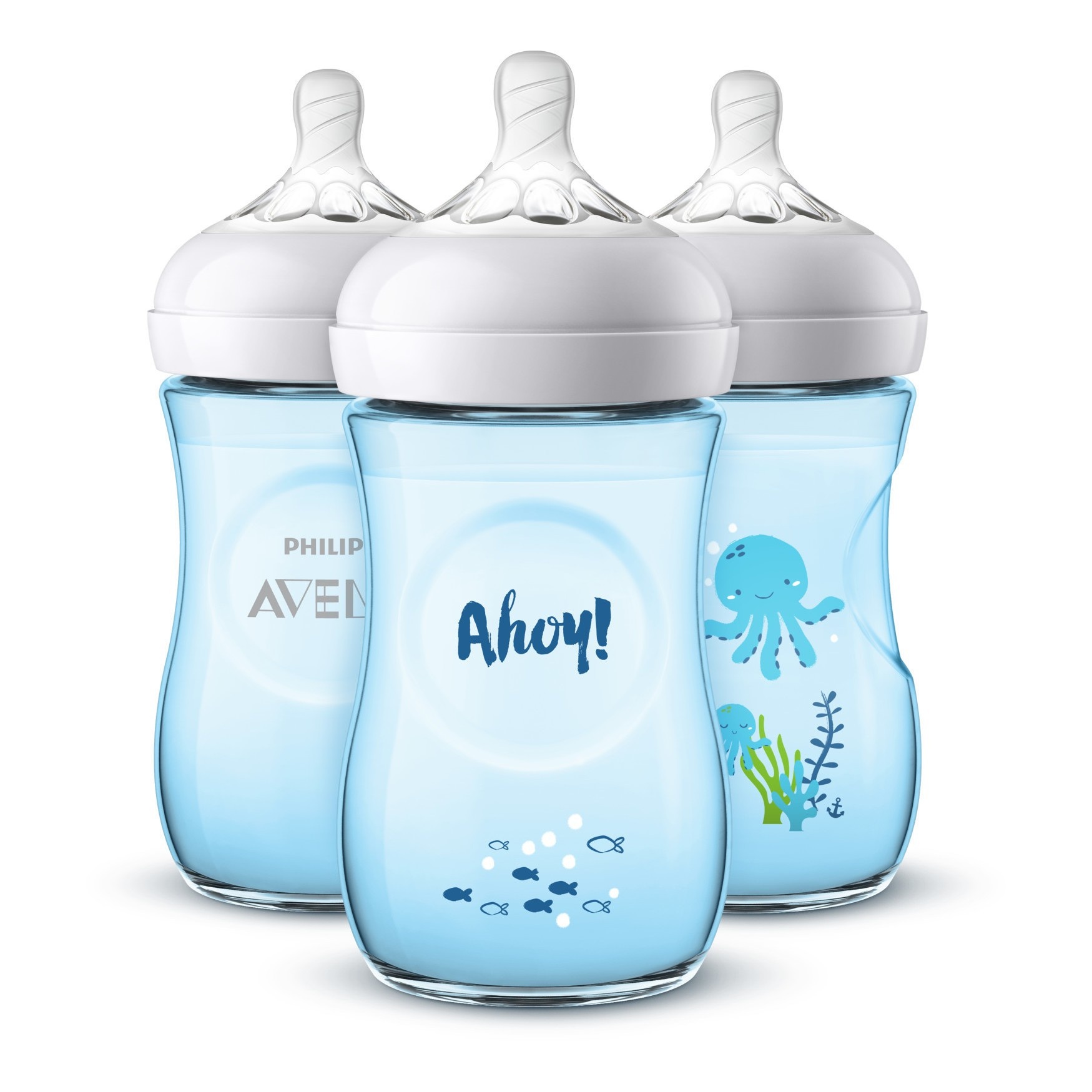 slide 1 of 11, Philips Avent Natural Baby Bottle with Blue Sea Design - Blue, 3 ct; 9 oz