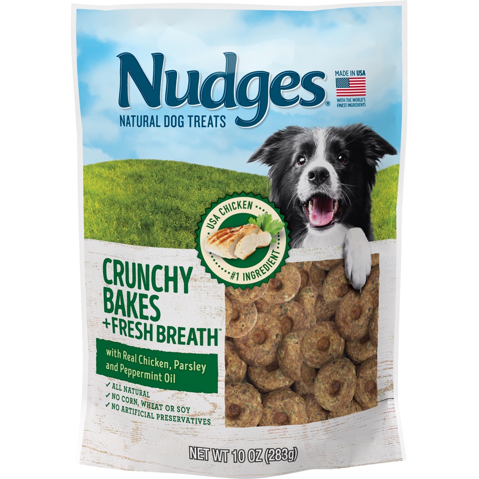 slide 1 of 1, Tyson Pet Products, Inc. Nudges Crunchy Bakes + Fresh Breath Natural Dog Treats with Real Chicken, Parsley & Peppermint Oil, 10 oz