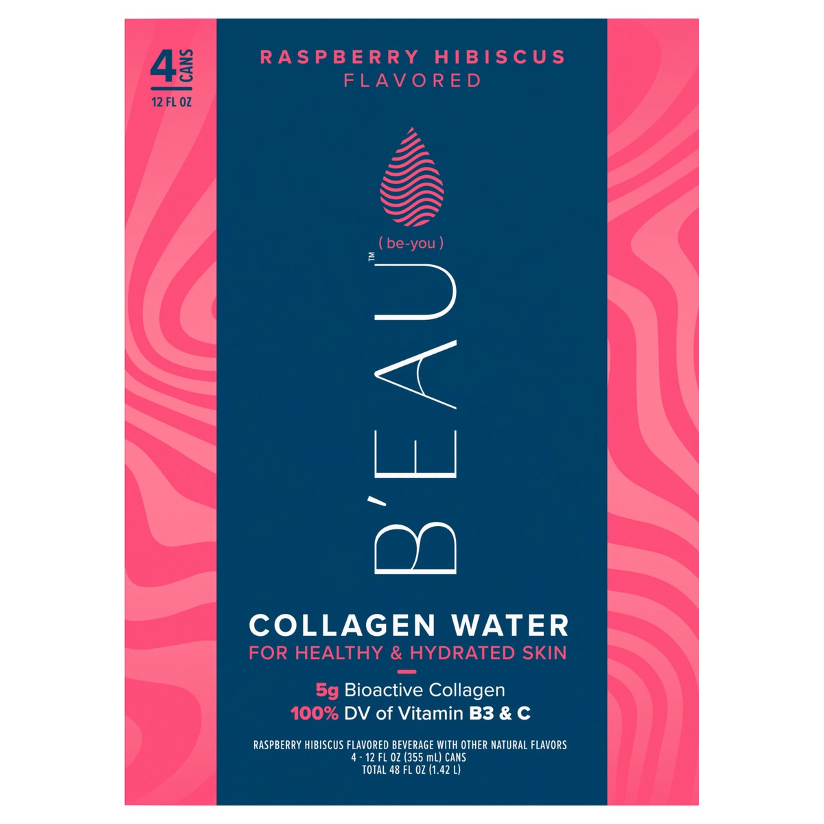 slide 1 of 4, B'eau B''EAU Collagen Water, Raspberry Hibiscus Flavored Water, 12 Fl Oz, 4 ct