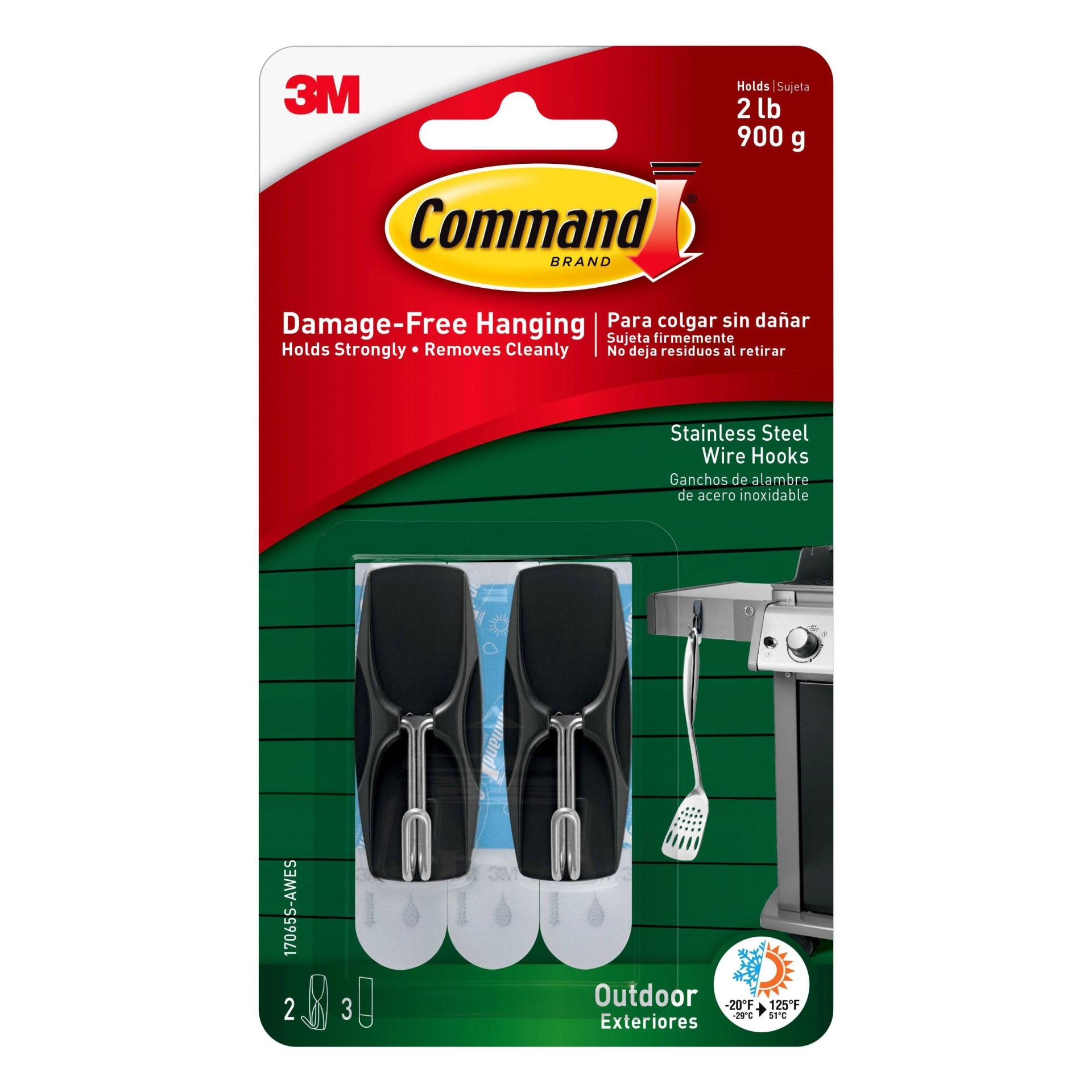 slide 1 of 7, Command 2 Hooks 3 Strips Outdoor Stainless Steel Wire Decorative Hooks with Foam Strips, 1 ct