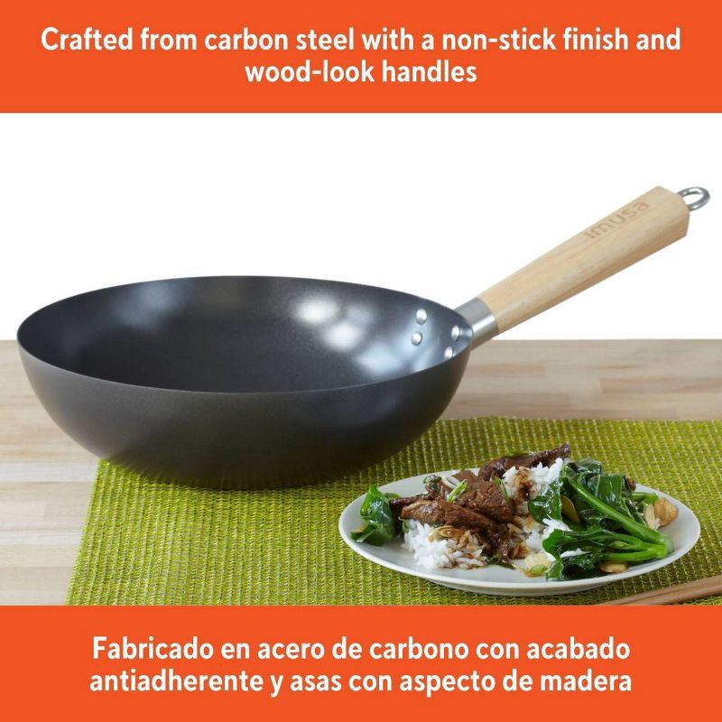 slide 2 of 6, IMUSA 11" Carbon Steel Wok with Wooden Handle Black: Nonstick Cookware, Electric & Gas Compatible, Hand Wash, 1 ct