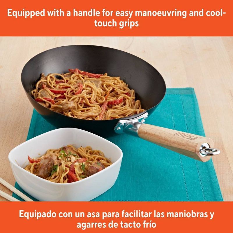slide 3 of 6, IMUSA 11" Carbon Steel Wok with Wooden Handle Black: Nonstick Cookware, Electric & Gas Compatible, Hand Wash, 1 ct