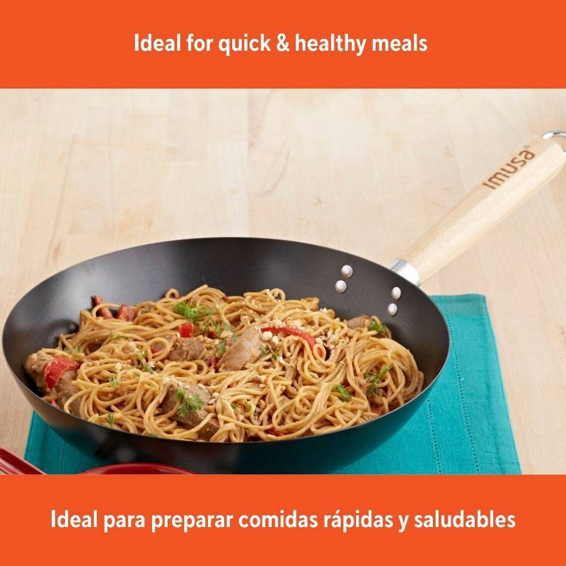slide 4 of 6, IMUSA 11" Carbon Steel Wok with Wooden Handle Black: Nonstick Cookware, Electric & Gas Compatible, Hand Wash, 1 ct