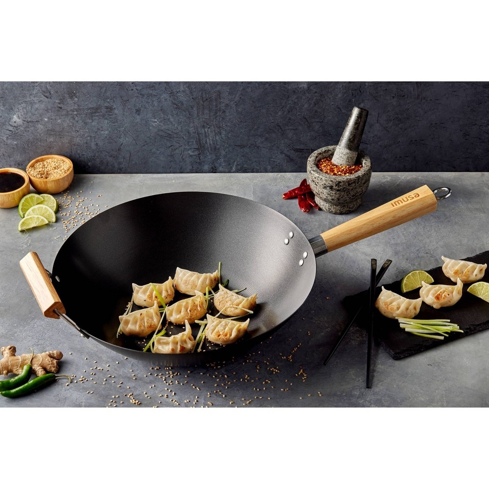 slide 3 of 6, IMUSA 14" Carbon Steel Wok with Wooden Handle Black, 1 ct