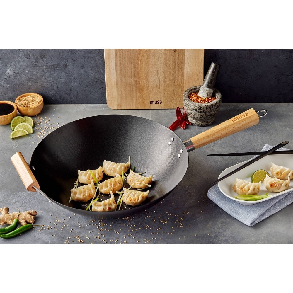 slide 5 of 6, IMUSA 14" Carbon Steel Wok with Wooden Handle Black, 1 ct