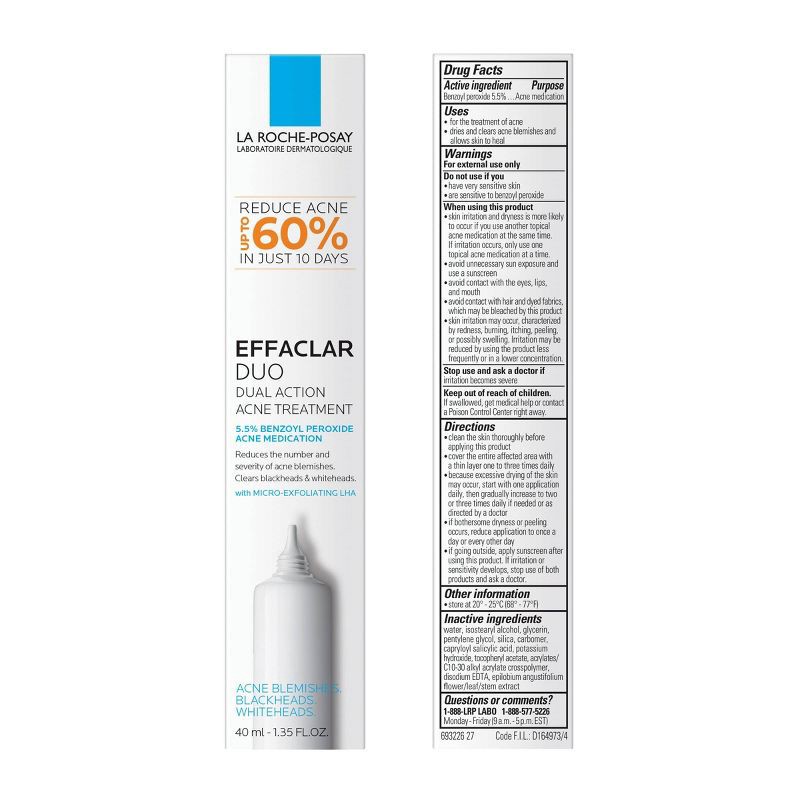 slide 5 of 7, La Roche Posay Effaclar Duo Acne Treatment with Benzoyl Peroxide, Dual Action Acne Spot Treatment - 1.35 fl oz​, 1.35 fl oz