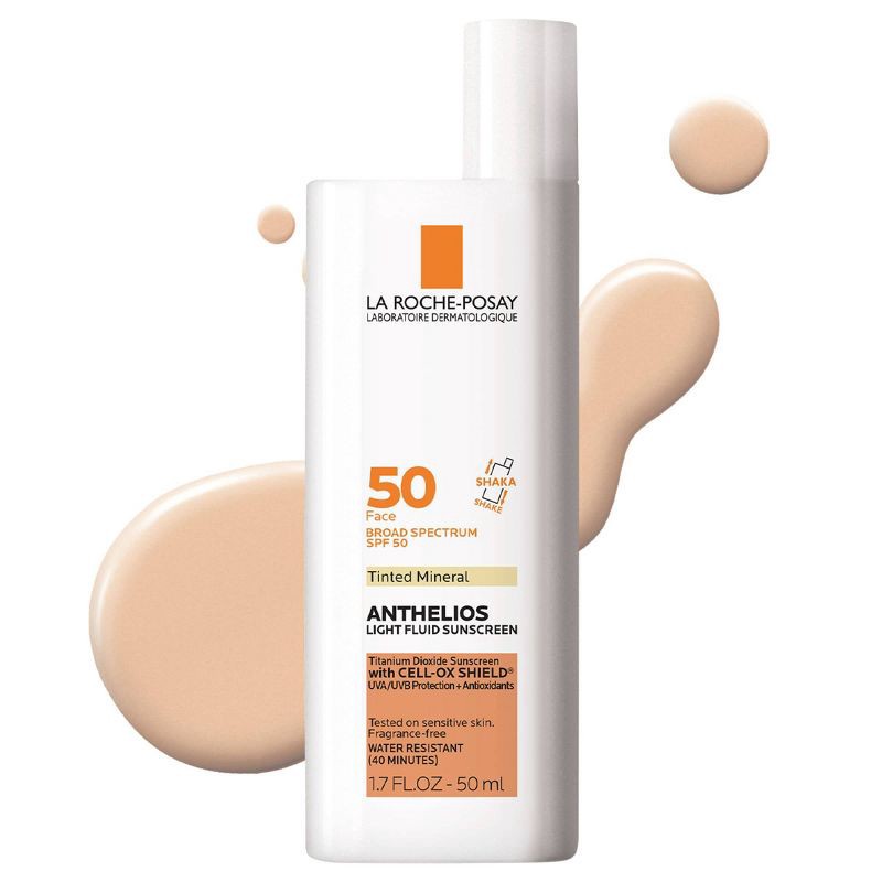 slide 2 of 9, La Roche Posay Anthelios Tinted Face Sunscreen SPF 50, Ultra-Light Fluid Mineral Face Sunscreen with Titanium Dioxide - SPF 50 - 1.7 fl oz​, 0 x 1.7 fl oz