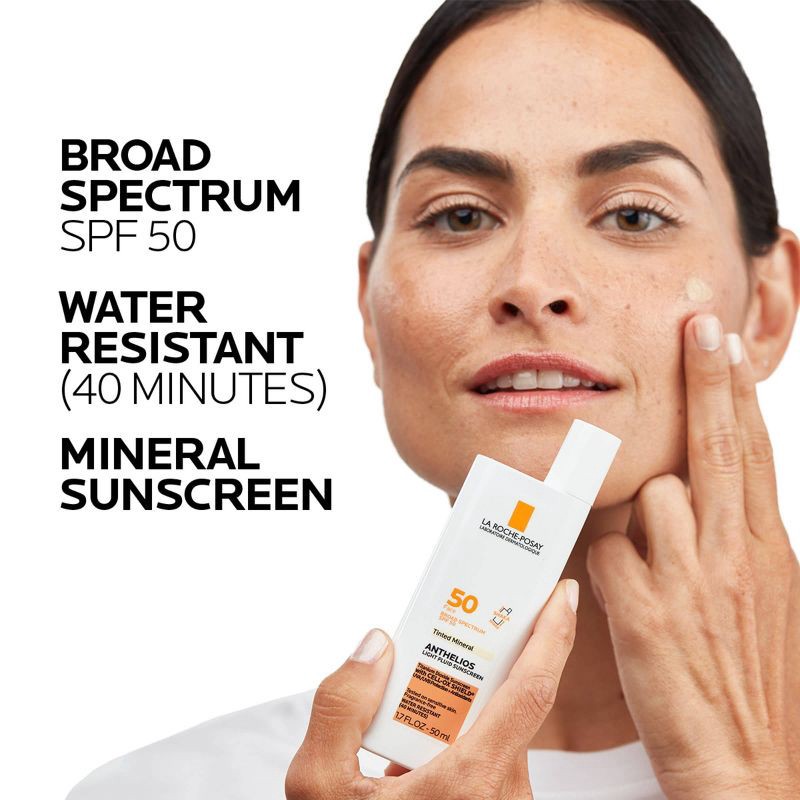 slide 5 of 9, La Roche Posay Anthelios Tinted Face Sunscreen SPF 50, Ultra-Light Fluid Mineral Face Sunscreen with Titanium Dioxide - SPF 50 - 1.7 fl oz​, 0 x 1.7 fl oz