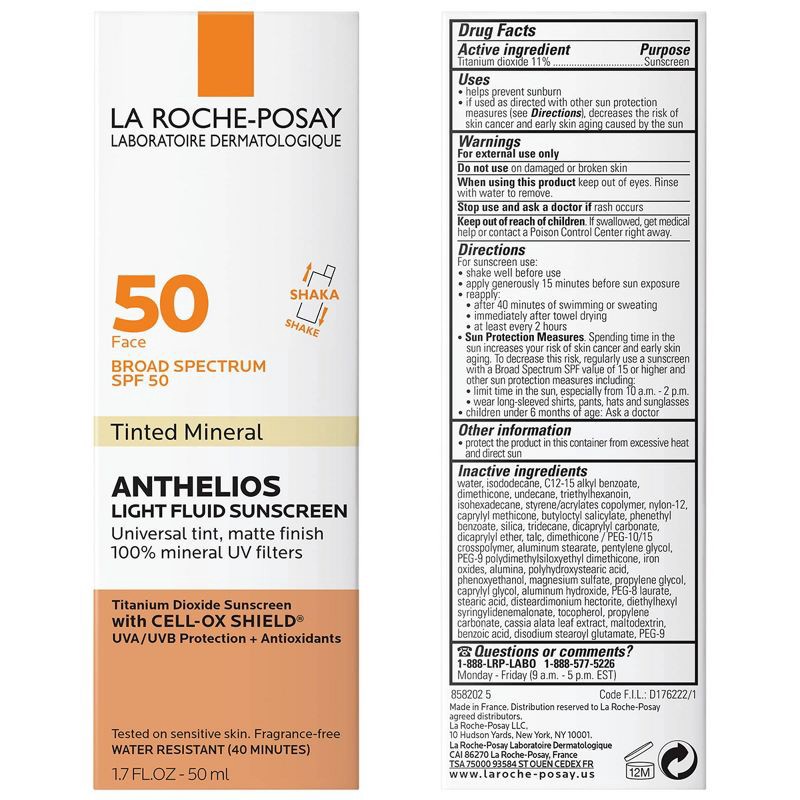 slide 7 of 9, La Roche Posay Anthelios Tinted Face Sunscreen SPF 50, Ultra-Light Fluid Mineral Face Sunscreen with Titanium Dioxide - SPF 50 - 1.7 fl oz​, 0 x 1.7 fl oz