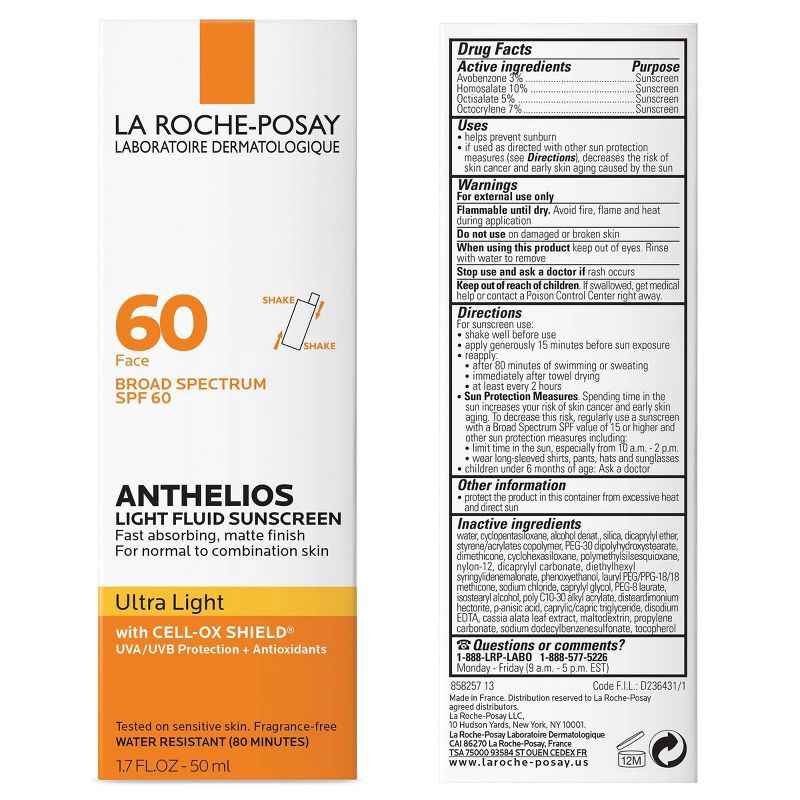 slide 8 of 9, La Roche Posay Anthelios Sunscreen, Ultra-Light Fluid Face Sunscreen, Oxybenzone-Free Sunscreen Lotion - SPF 60 - 1.7 fl oz, 60 ct; 1.7 fl oz