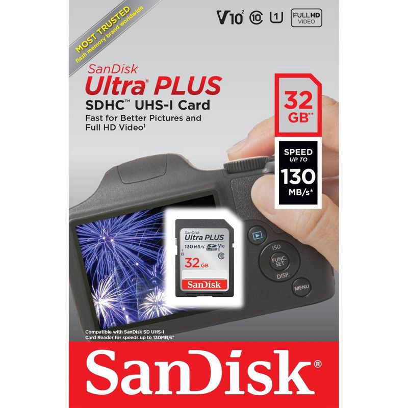slide 2 of 4, SanDisk Ultra PLUS 32GB SD Memory Card: 130Mbps Data Transfer, Black, 1 ct