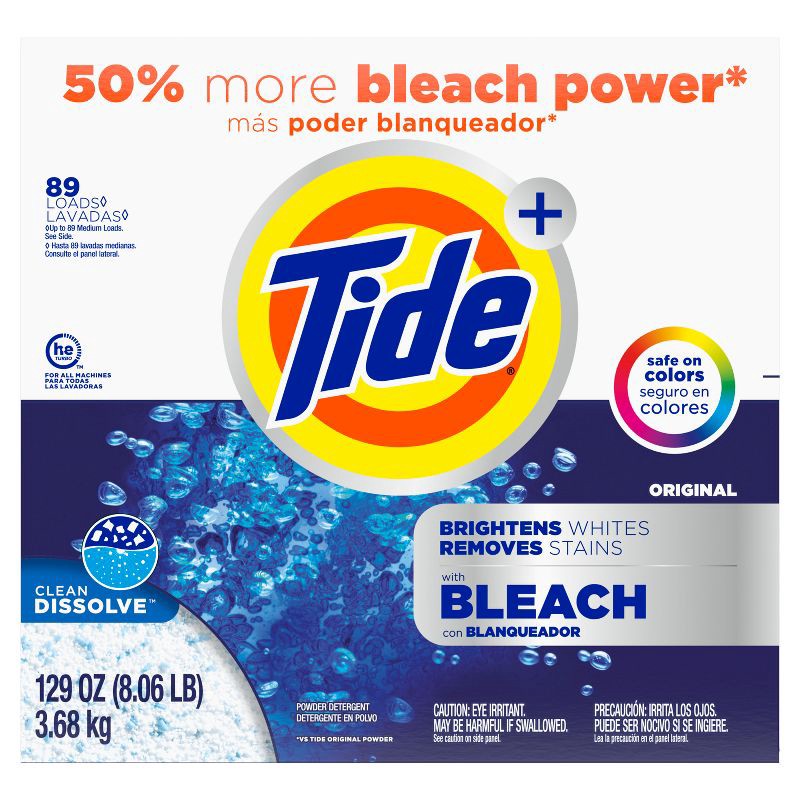 slide 8 of 8, Tide Original Plus Bleach HE Deep Cleaning Concentrated Laundry Detergent Powder 89 Loads - 129oz, 129 oz