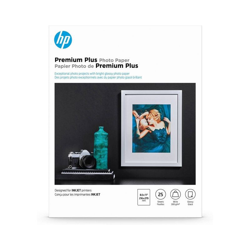 slide 1 of 3, HP Inc. HP 8.5x11 25ct Premium Plus Photo Glossy Printer Paper - White (CR670A), 25 ct