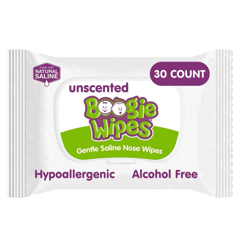 slide 1 of 11, Boogie Wipes Saline Nose Wipes Unscented - 30ct: Pull-Out Dispenser, Vitamin E, Hypoallergenic, Alcohol-Free, 30 ct