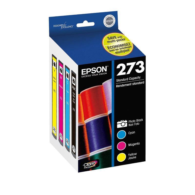 slide 2 of 7, Epson 273 Black, C/M/Y 4pk Combo Ink Cartridges - Black Cyan, Magenta, Yellow (T273520-CP), 4 ct