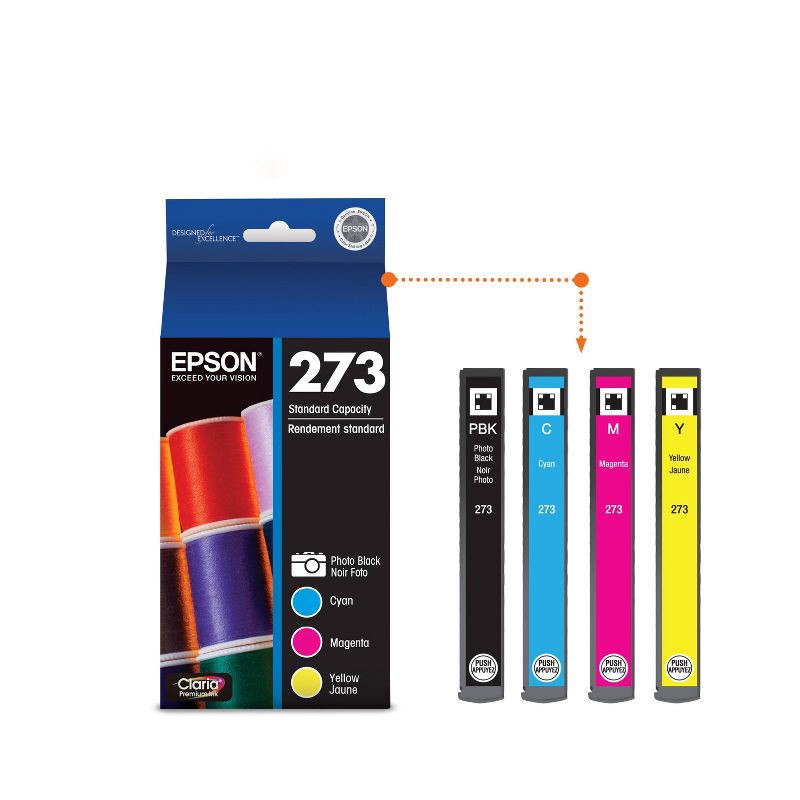 slide 3 of 7, Epson 273 Black, C/M/Y 4pk Combo Ink Cartridges - Black Cyan, Magenta, Yellow (T273520-CP), 4 ct