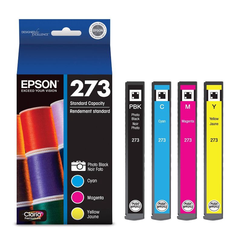 slide 5 of 7, Epson 273 Black, C/M/Y 4pk Combo Ink Cartridges - Black Cyan, Magenta, Yellow (T273520-CP), 4 ct