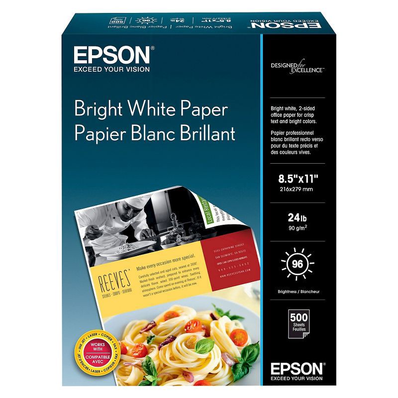 slide 1 of 4, Epson Bright White Printer Paper - S041586: 500 Sheets, Letter Size, 24 lb, 96 Brightness, 500 sheets, 24 lb